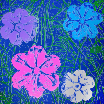 Name: War-Hol Flowers (Blue/Green).
Medium: Mixed Media.
Size: 64 x 64 in.
Edition: Unique.
Year: 2022