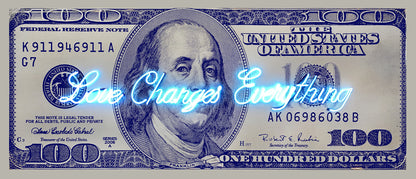 Name: Money Talks - Blue on Silver (Love Changes Everything) Medium: hand painting/Velvet paint/SilkScreen/ neon light. Size: 34 x 74 in Edition: Unique