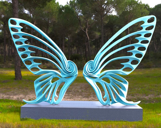 Name: Dream Machine II
 Medium: Painted 
Fiberglass Sculpture with stainless structure and Base.
 Size: 13’ x 4’ x 9’5 ( Wings + Base).
 Year: 2019