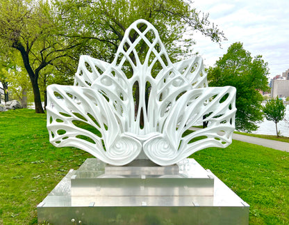 Name: Empower Flower
 Size: 10” x 10” x 4”
 Medium: painted Fiber Glass / stainless steel base
 Year : 2020