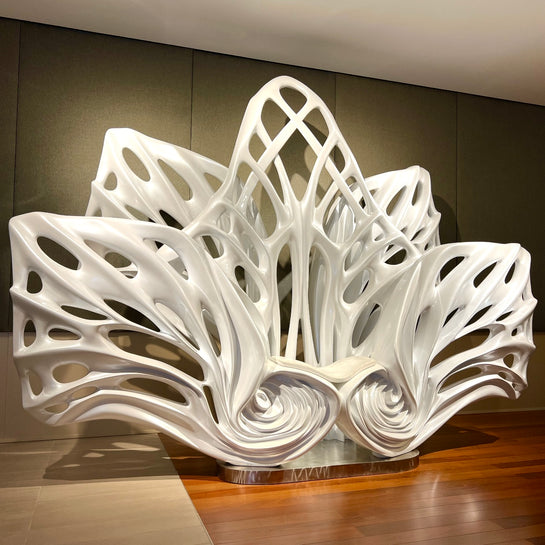 Name: Empower Flower
 Size: 10” x 10” x 4”
 Medium: painted Fiber Glass / stainless steel base
 Year : 2020
