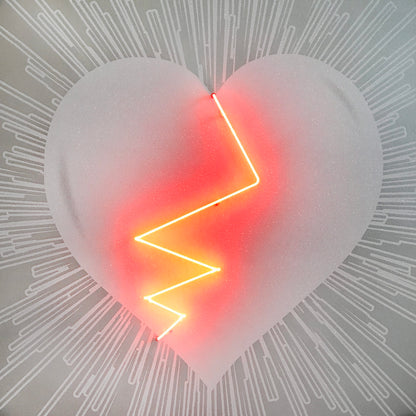 Name: Broken Heart - White on Silver/ Red Neon. Media: Hand painted/SilkScreen/Diamond Dust/Neon light. Size: 44 x 44 in. Edition : Unique + A.P