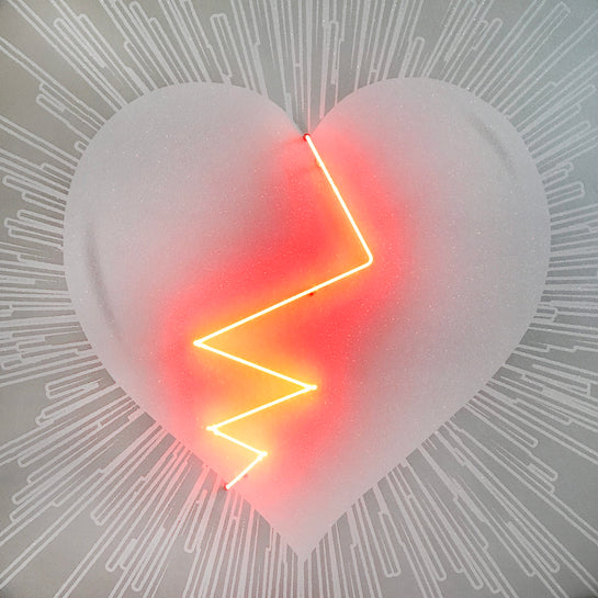 Name: Broken Heart - White on Silver/ Red Neon. Media: Hand painted/SilkScreen/Diamond Dust/Neon light. Size: 44 x 44 in. Edition : Unique + A.P