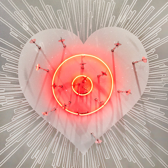 Name: LOVE HURTS - White on Silver/Blue and Red Neon. Media: Hand painted/SilkScreen/Diamond Dust/Neon light/Chrome Darts/Swarovski crystals. Size: 44 x 44 in. Edition : Unique + A.P