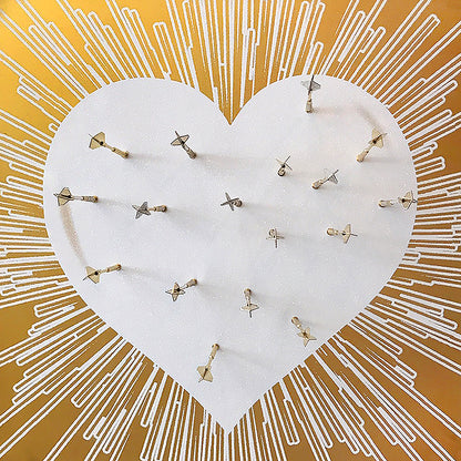 Name: LOVE HURTS - White on Gold. Media: Hand painted/SilkScreen/Diamond Dust/Chrome Darts/Swarovski crystals. Size: 44 x 44 in. Edition : Unique + A.P