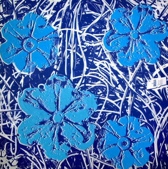 Name: War-Hol Flowers (Blue/Silver).
Medium: Mixed Media.
Size: 64 x 64 in.
Edition: Unique.
Year: 2022