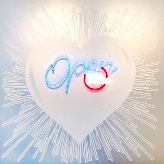 Name: Open 24hrs Heart - White on Silver. Media: Hand painted/SilkScreen/Diamond Dust/Neon light. Size: 54 x 54 in Edition : Unique