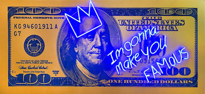 Name: Money Talks - Blue on Gold (Im Gonna Make You Famous) Medium: hand painting/Velvet paint/SilkScreen/ neon light. Size: 34 x 74 in Edition: Unique
