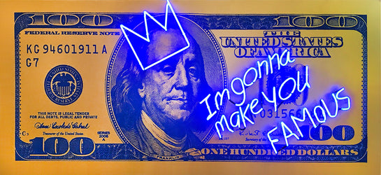 Name: Money Talks - Blue on Gold (Im Gonna Make You Famous) Medium: hand painting/Velvet paint/SilkScreen/ neon light. Size: 34 x 74 in Edition: Unique
