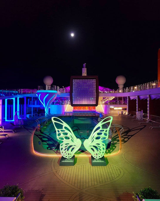 Name: Dream Machine I 
 Medium: Painted 
Fiberglass Sculpture with stainless structure and Base.
 Size: 13’ x 4’ x 9’5 ( Wings + Base).
 Year: 2017