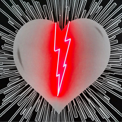 Name: Lightning Heart - White on Black/Red Neon. Media: Hand painted/SilkScreen/Diamond Dust/Neon light. Size: 44 x 44 in. Edition : Unique + A.P