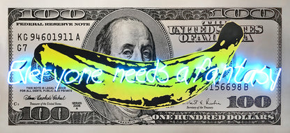 Name: Money Talks - Black on Silver (Everyone needs a fantasy) Medium: hand painting/SilkScreen/ neon light. Size: 34 x 74 in Edition: Unique