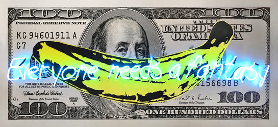 Name: Money Talks - Black on Silver (Everyone needs a fantasy) Medium: hand painting/SilkScreen/ neon light. Size: 34 x 74 in Edition: Unique