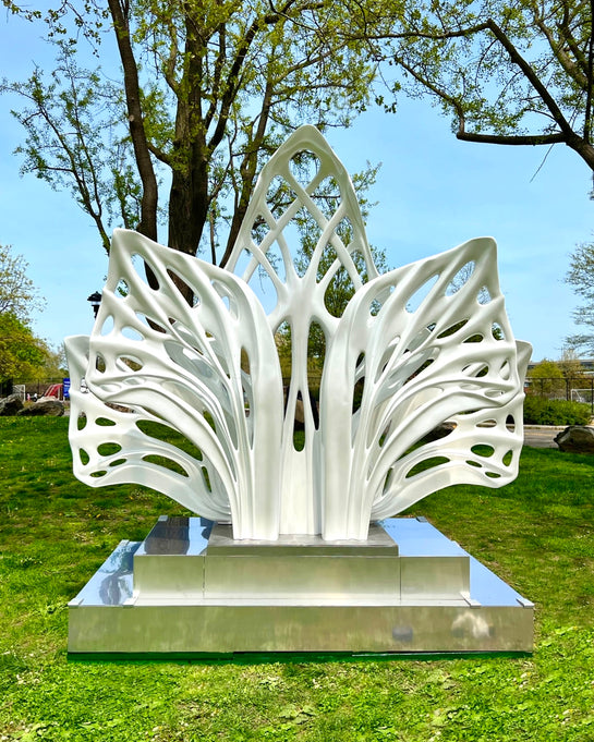 Name: Empower Flower
 Size: 10” x 10” x 4”
 Medium: painted Fiber Glass / stainless steel base
 Year : 2020