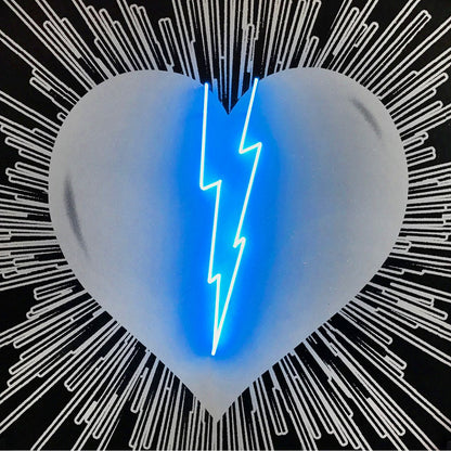 Name: Lightning Heart - White on Black/Blue Neon. Media: Hand painted/SilkScreen/Diamond Dust/Neon light. Size: 44 x 44 in. Edition : Unique + A.P