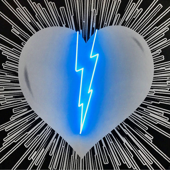 Name: Lightning Heart - White on Black/Blue Neon. Media: Hand painted/SilkScreen/Diamond Dust/Neon light. Size: 44 x 44 in. Edition : Unique + A.P