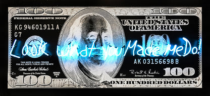 Name: Money Talks - White on Black (Look What You Made Me Do!) Medium: hand painting/Diamond Dust/SilkScreen/ neon light. Size: 34 x 74 in Edition: Unique