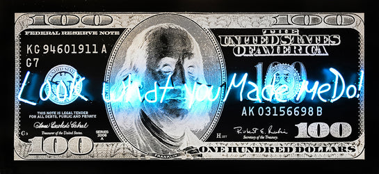 Name: Money Talks - White on Black (Look What You Made Me Do!) Medium: hand painting/Diamond Dust/SilkScreen/ neon light. Size: 34 x 74 in Edition: Unique