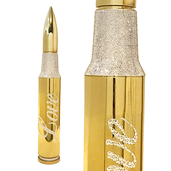 Name: Love  Bullet
Medium: Aluminium dipped in chrome, Swarovski Crystals handle applied
Size: 27 x 4 x 4 in
Edition: unique
