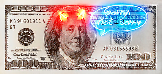 Name: Money Talks - Black on Silver (Sorry, Not Sorry) Medium: hand painting/Diamond Dust/SilkScreen/ neon light. Size: 34 x 74 in Edition: Unique