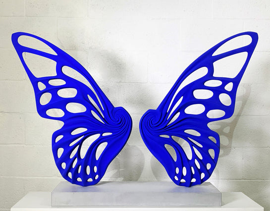 Name: Dream Machine - Cobalt Blue. (Coffee Table Size) Medium: Volcanic stone resin mix / Concrete base Edition: 8 Size: (wings + base) 28”h x 42”w x 9”