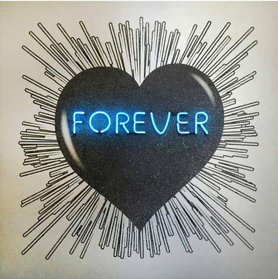 Name: FOREVER/OVER Heart - Black on Silver/Blue neon. Media: Hand painted/SilkScreen/Diamond Dust/Neon light. Size: 44 x 44 in. Edition : Unique
