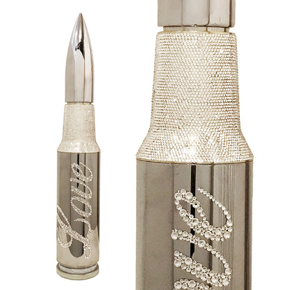 Name: Love  Bullet
Medium: Aluminium dipped in chrome, Swarovski Crystals handle applied
Size: 27 x 4 x 4 in
Edition: unique