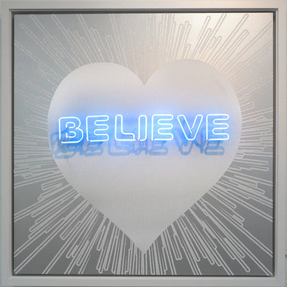 Name: BELIEVE/LIE Heart - White on Silver. Media: Hand painted/SilkScreen/Diamond Dust/Neon light. Size: 44 x 44 in. Edition : Unique