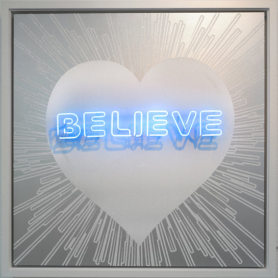 Name: BELIEVE/LIE Heart - White on Silver. Media: Hand painted/SilkScreen/Diamond Dust/Neon light. Size: 44 x 44 in. Edition : Unique
