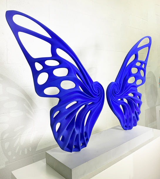 Name: Dream Machine - Cobalt Blue. (Coffee Table Size) Medium: Volcanic stone resin mix / Concrete base Edition: 8 Size: (wings + base) 28”h x 42”w x 9”