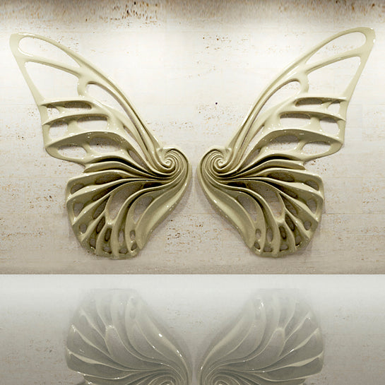 Name: Dream Machine – Wall Sculpture Medium: Fiber Glass Size: H 8ft x W 6ft x D 7in (each wing) Weight: 110lbs (each wing)