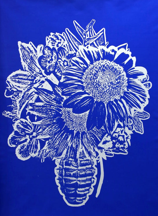 Name: Flower Vase (Blue).
Medium: Silkscreen 
Size: 56 x 42 in.
Edition: Unique.