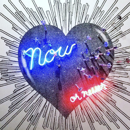 Name: NOW or NEVER Heart - Black on Silver. Media: Hand painted/SilkScreen/Diamond Dust/Neon light/Chrome darts with Swarovski crystals. Size: 44 x 44 in. Edition : Unique