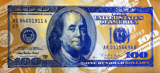 Name: Money Talks - Blue and White on Gold. Medium: hand painting/Velvet paint/SilkScreen. Size: 34 x 74 in Edition: Unique