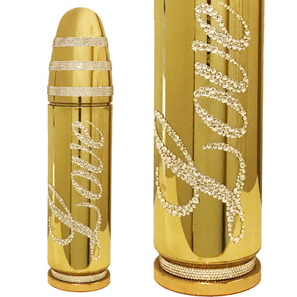 Name: Love  Bullet
Medium: Aluminium dipped in chrome, Swarovski Crystals handle applied
Size: 17 x 4 x 4 in
Edition: unique