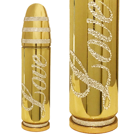 Name: Love  Bullet
Medium: Aluminium dipped in chrome, Swarovski Crystals handle applied
Size: 17 x 4 x 4 in
Edition: unique