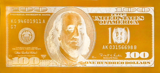 Name: Money Talks - White on Gold. Medium: hand painting/Diamond Dust/ SilkScreen. Size: 34 x 74 in Edition: Unique