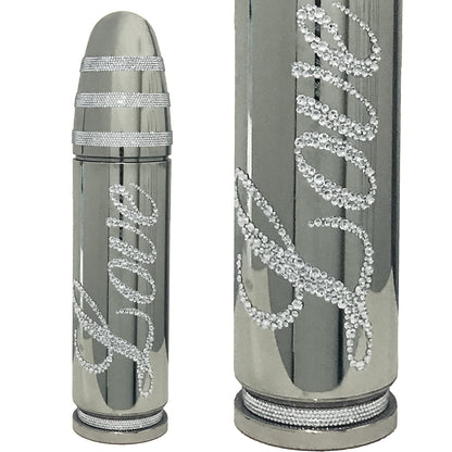 Name: Love  Bullet
Medium: Aluminium dipped in chrome, Swarovski Crystals handle applied
Size: 17 x 4 x 4 in
Edition: unique