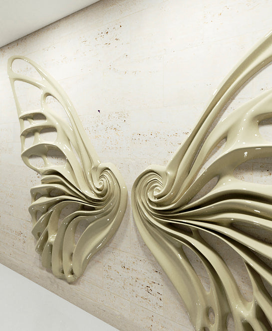 Name: Dream Machine – Wall Sculpture Medium: Fiber Glass Size: H 8ft x W 6ft x D 7in (each wing) Weight: 110lbs (each wing)
