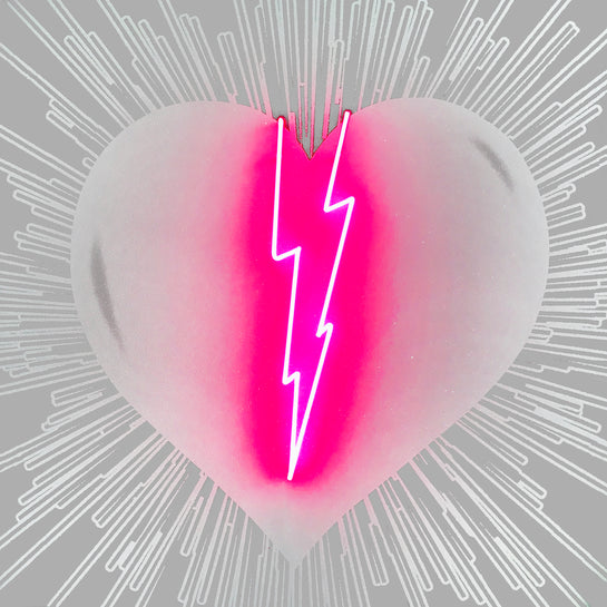 Name: Lightning Heart - White on Silver/Pink Neon. Media: Hand painted/SilkScreen/Diamond Dust/Neon light. Size: 44 x 44 in. Edition : Unique + A.P