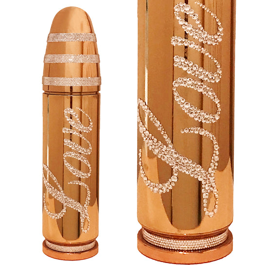 Name: Love  Bullet
Medium: Aluminium dipped in chrome, Swarovski Crystals handle applied
Size: 17 x 4 x 4 in
Edition: unique