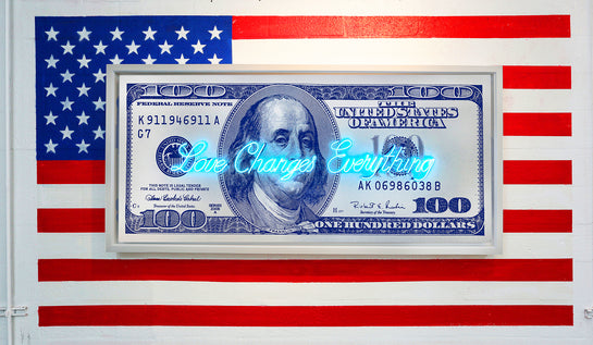 Name: Money Talks - Blue on Silver (What Can Go Wrong) Medium: hand painting/Velvet paint/SilkScreen/Neon light. Size: 34 x 74 in Edition: Unique
