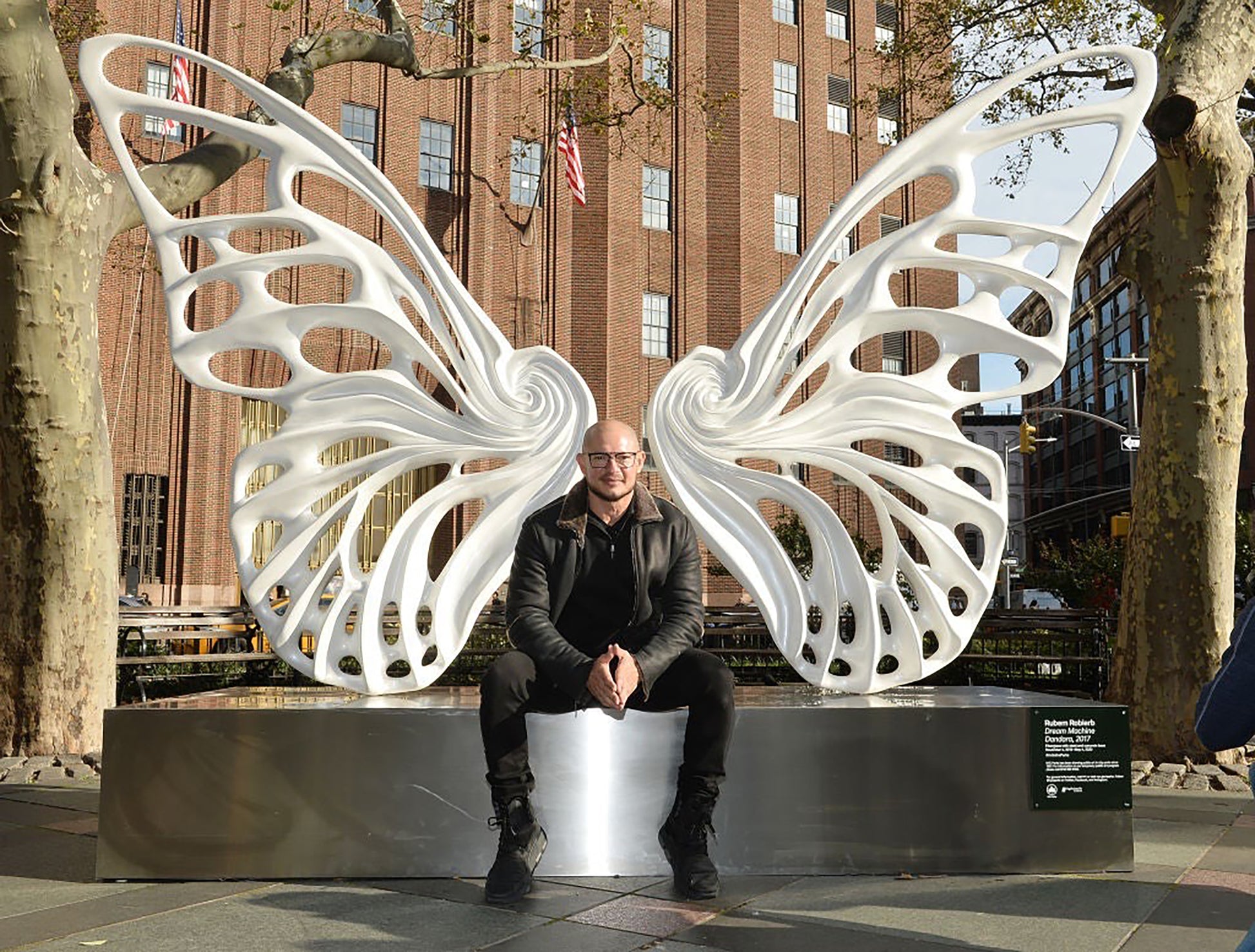Name: Dream Machine I 
 Medium: Painted 
Fiberglass Sculpture with stainless structure and Base.
 Size: 13’ x 4’ x 9’5 ( Wings + Base).
 Year: 2017