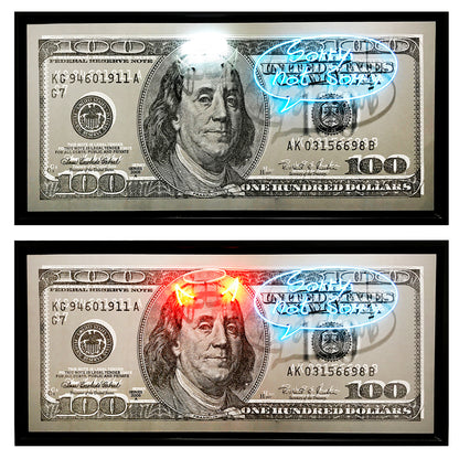 Name: Money Talks - Black on Silver (Sorry, Not Sorry) Medium: hand painting/Diamond Dust/SilkScreen/ neon light. Size: 34 x 74 in Edition: Unique