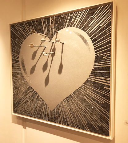 Name: LOVE HURTS - Silver on Black. Media: Hand painted/SilkScreen/Diamond Dust/Chrome Darts/Swarovski crystals. Size: 38 x 38 in. Edition : Unique