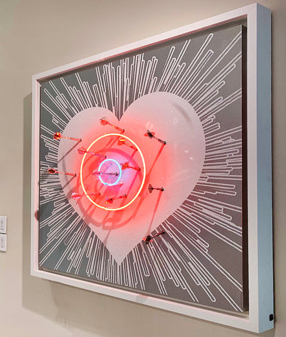 Name: LOVE HURTS - White on Silver/Blue and Red Neon. Media: Hand painted/SilkScreen/Diamond Dust/Neon light/Chrome Darts/Swarovski crystals. Size: 44 x 44 in. Edition : Unique + A.P