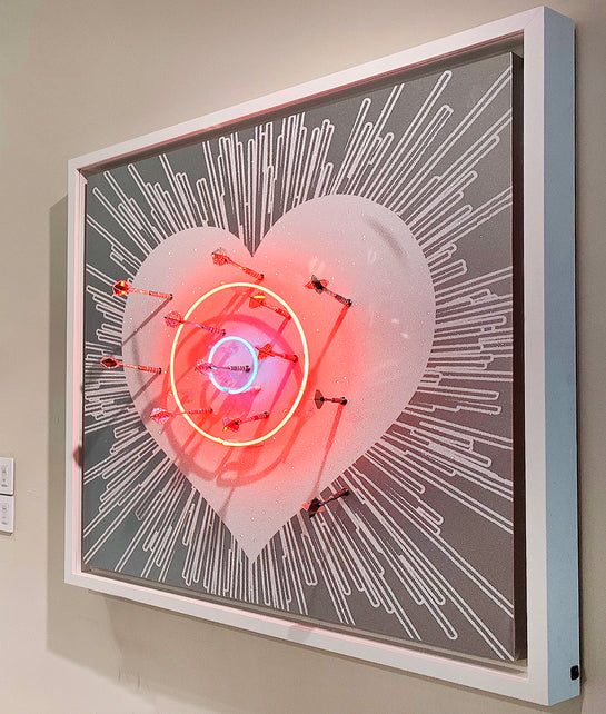 Name: LOVE HURTS - White on Silver/Blue and Red Neon. Media: Hand painted/SilkScreen/Diamond Dust/Neon light/Chrome Darts/Swarovski crystals. Size: 44 x 44 in. Edition : Unique + A.P