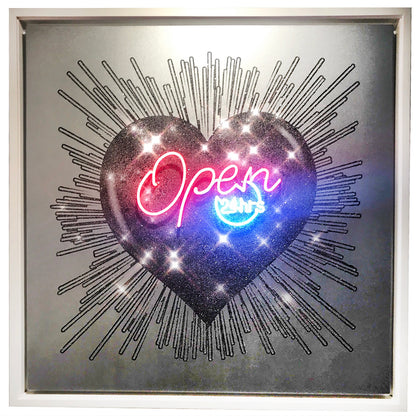 Name: Open 24hrs Heart - Black on Silver. Media: Hand painted/SilkScreen/Diamond Dust/Neon light. Size: 54 x 54 in Edition : Unique