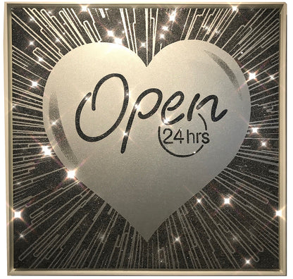Name: Open 24hrs - Silver on Black. Media: Hand painted/SilkScreen/Diamond Dust Size: 38 x 38 in. Edition : Unique + A.P