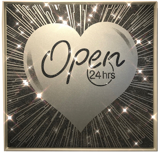 Name: Open 24hrs - Silver on Black. Media: Hand painted/SilkScreen/Diamond Dust Size: 38 x 38 in. Edition : Unique + A.P